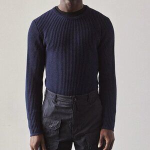 Engineered Garments Crew Neck Fisherman Sweater in Navy Waffle